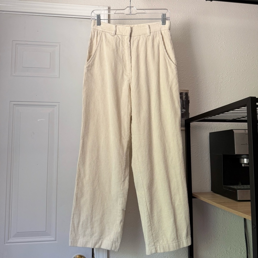 MIJEONG PARK off white cream corduroy high‎ rise straight leg cropped pants